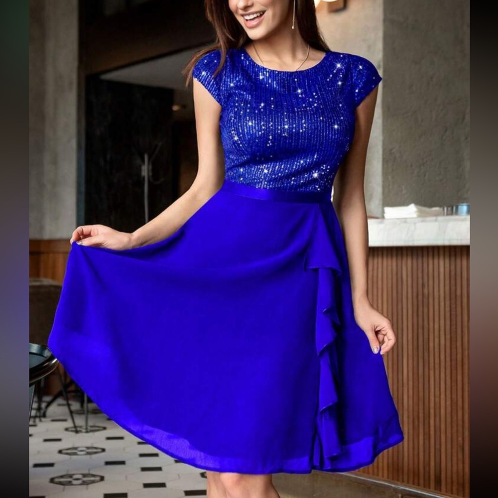 Luxe blue ruffle chiffon sequins party formal evening dress